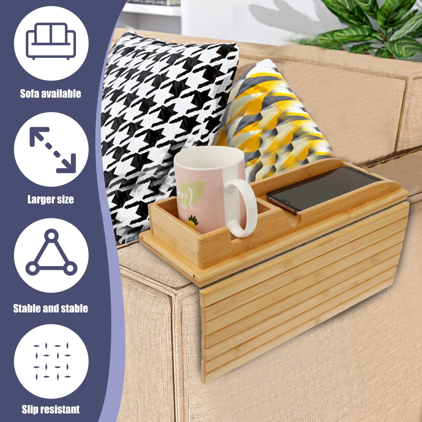 Couch Cup Holder - Bamboo Wood Sofa Armrest Tray With Foldable Sofa Cup Holder
