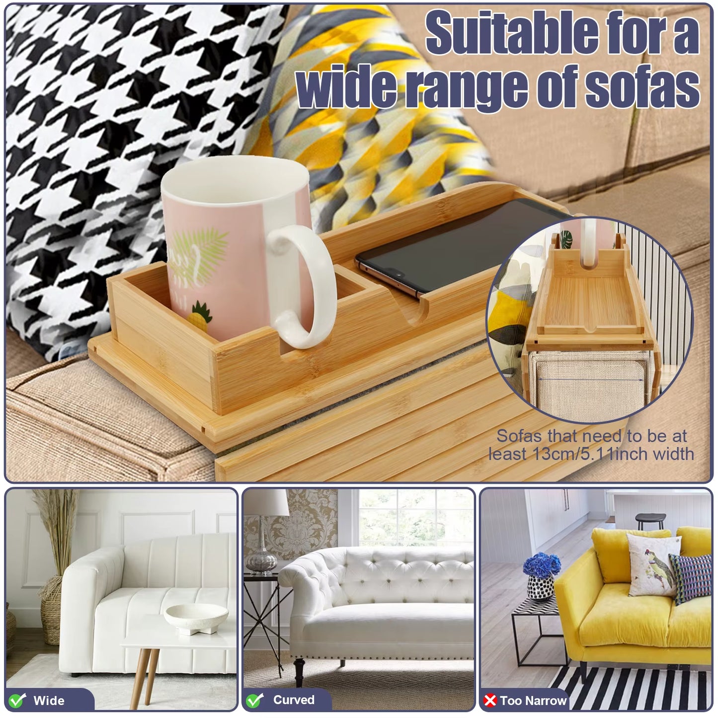 Couch Cup Holder - Bamboo Wood Sofa Armrest Tray With Foldable Sofa Cup Holder
