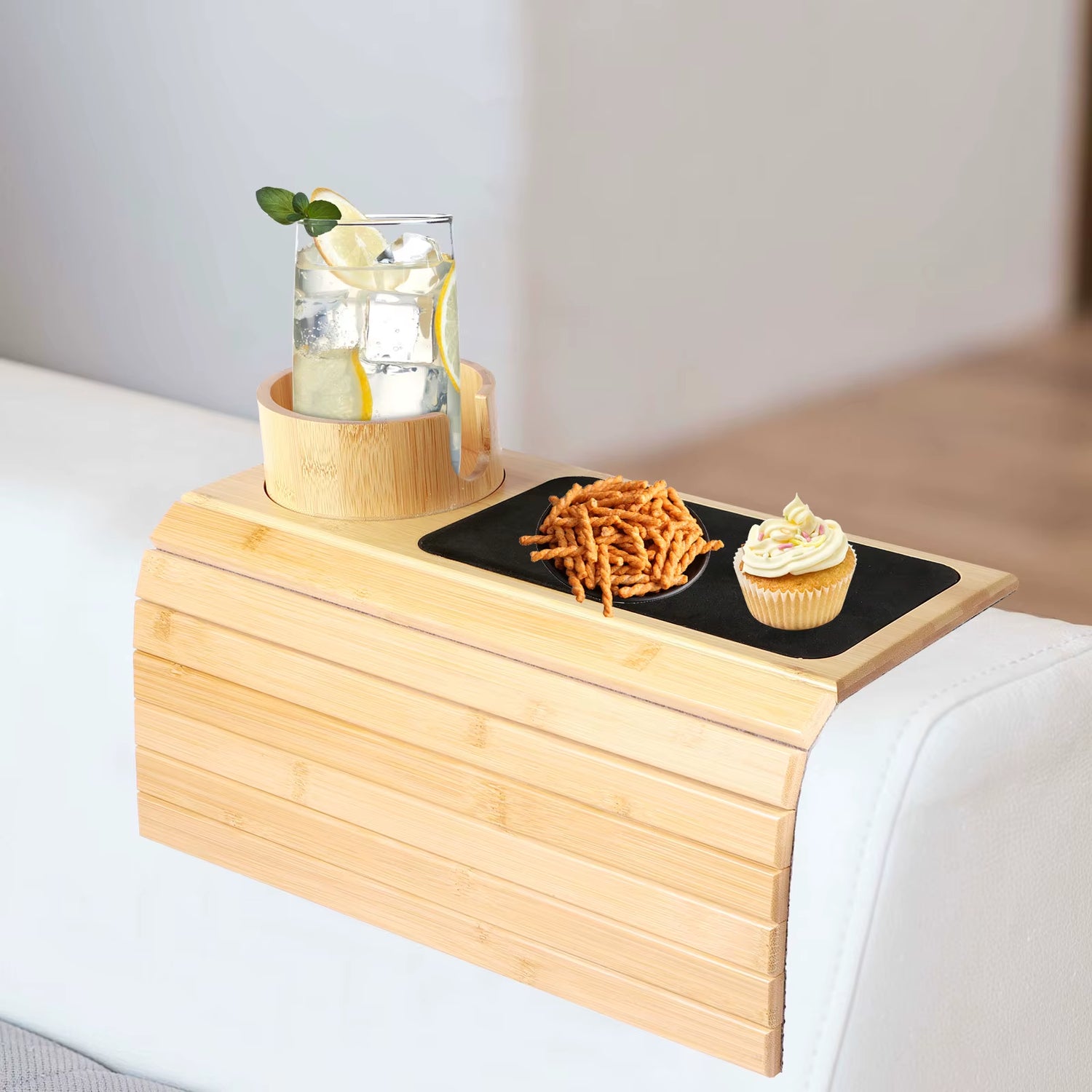 Couch Cup Holder - Bamboo Wood Sofa Armrest Tray With Foldable Sofa Cup Holder