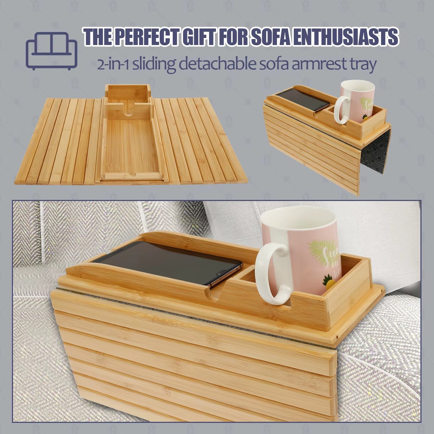 Couch Cup Holder - Bamboo Wood Sofa Armrest Tray With Foldable Sofa Cup Holder