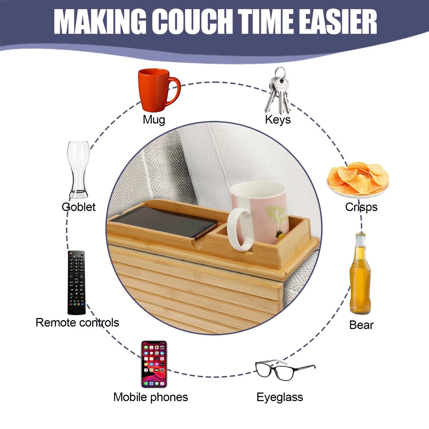 Couch Cup Holder - Bamboo Wood Sofa Armrest Tray With Foldable Sofa Cup Holder