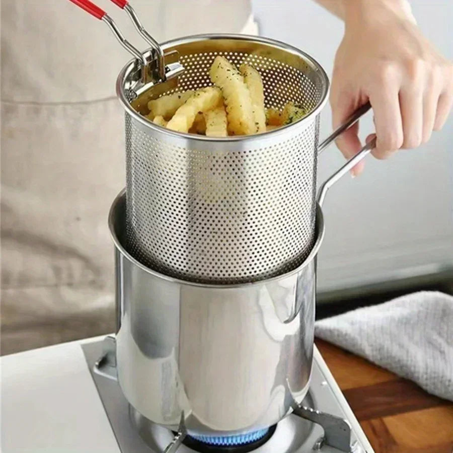 Stainless Steel Fryer with Filter Screen – Perfect for French Fries and Chicken Wings – Compact Household Oil Pot