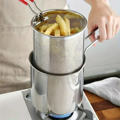 Stainless Steel Fryer with Filter Screen – Perfect for French Fries and Chicken Wings – Compact Household Oil Pot