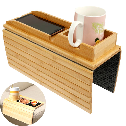 Couch Cup Holder - Bamboo Wood Sofa Armrest Tray With Foldable Sofa Cup Holder 