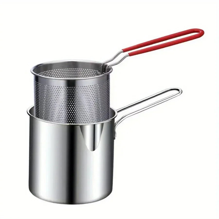 Stainless Steel Fryer with Filter Screen – Perfect for French Fries and Chicken Wings – Compact Household Oil Pot
