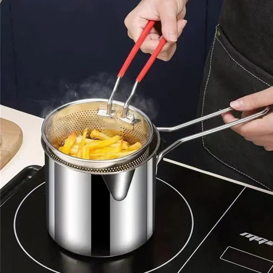 Stainless Steel Fryer with Filter Screen – Perfect for French Fries and Chicken Wings – Compact Household Oil Pot